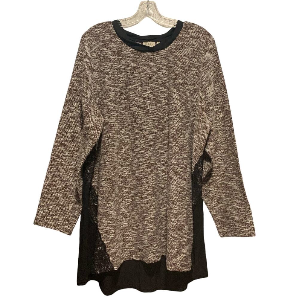 LOGO LORI GOLDSTEIN 3X Knit Marled Print Lace Inserts Crew Neck Top Boho